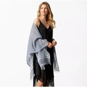 Tommy Bahama Breezy Travel Ruana Island Navy Blue White Stripe Fringe Cotton O S